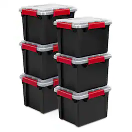 Sterilite - 5 Gal Gasket Box, Stackable Storage Container with Lid, Black, 6 Pack