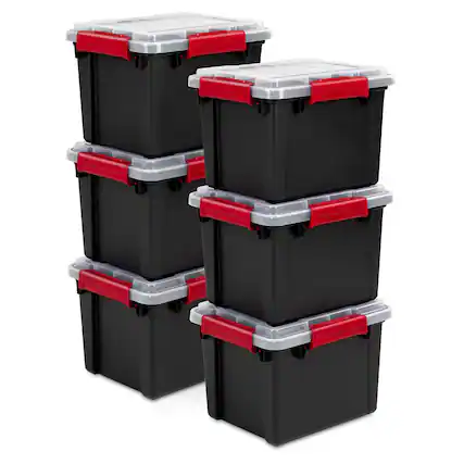 Front. Sterilite - Sterilite 5 Gal Gasket Box, Stackable Storage Container with Lid, Black, 6 Pack.