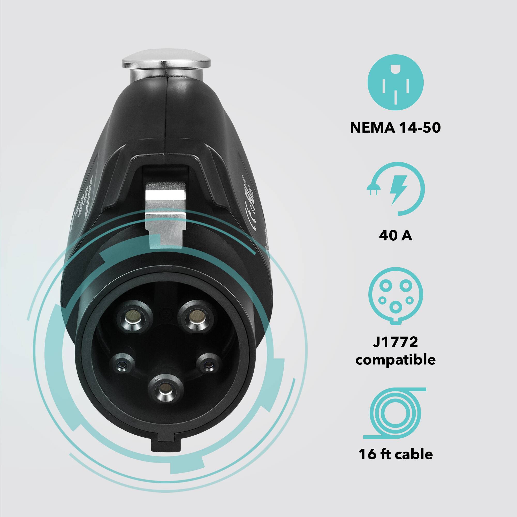The text on the image is grouped as follows:

1. NEMA 14-50 AM 40: This indicates that the device is compatible with the NEMA 14-50 standard, which specifies the electrical and mechanical characteristics of a plug and receptacle for electric vehicles.
2. J1772 compatible: This suggests that the device is compatible with the J1772 standard, which is a standard for electric vehicle charging stations.
3. 16 ft cable: This indicates that the device comes with a 16-foot cable, which can be used to connect the device to a power source.

Combining these elements, the correct text would be: "NEMA 14-50 AM 40 J1772 compatible 16 ft cable."