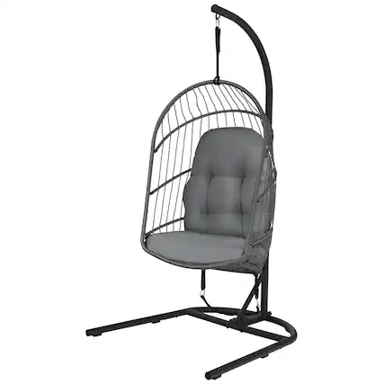 Front. Costway - Costway Hanging Wicker Egg Chair w/ Stand Cushion Foldable Outdoor Indoor - Gray.