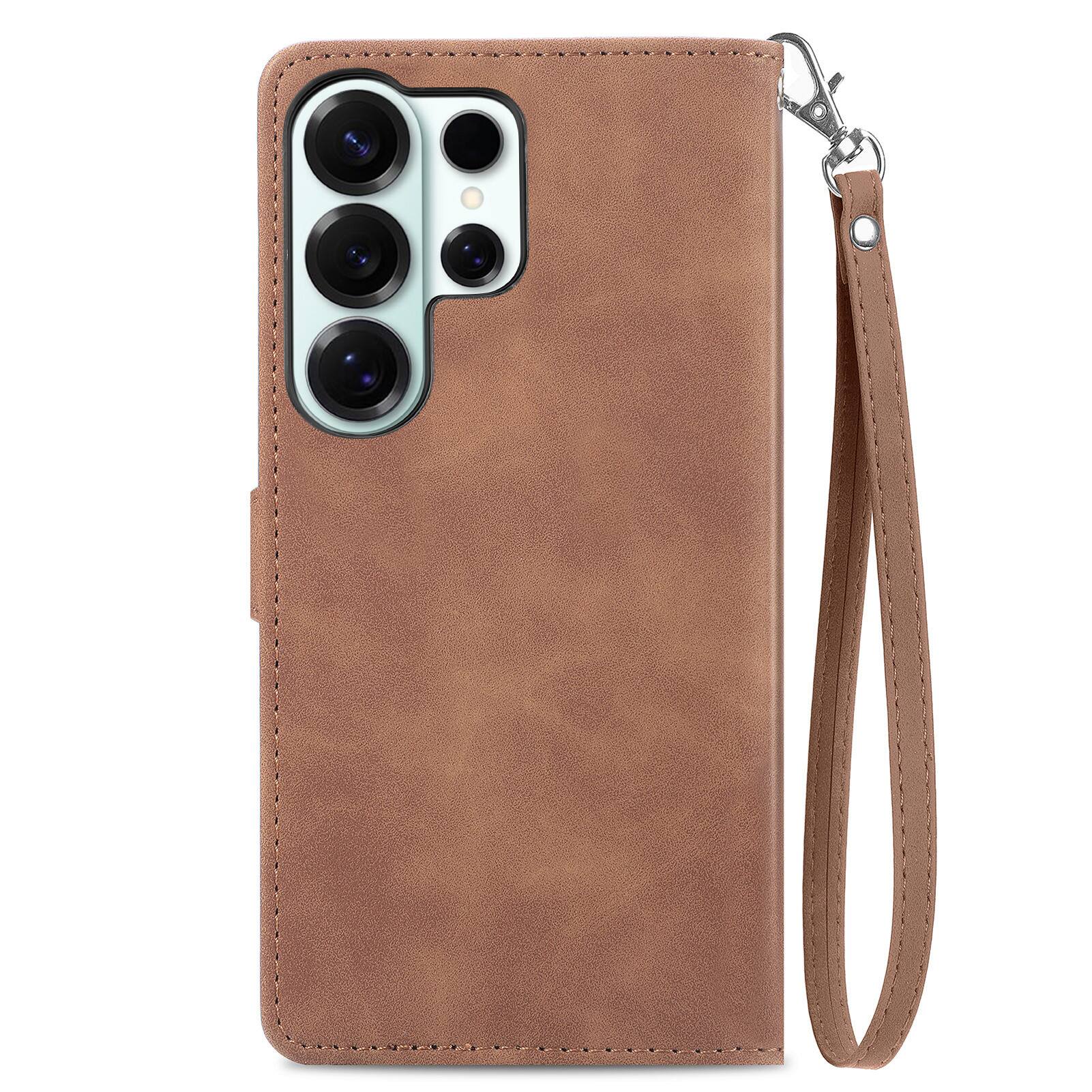 Left. Dteck - for Samsung Galaxy S26 Ultra Wallet Case,Folio Shockproof PU Leather Card Holder Cover with Zipper Pocket & Wrist Strap - Brown.