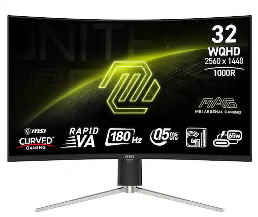 The text on the image reads: "UNITE 32 WQHD 2560 X 1440 1000R AC MSI MAG ARSENAL GAMING msi RAPID 05 ms 12 180 GTG Gl 65w CURVED VA Hz GAMING msi".