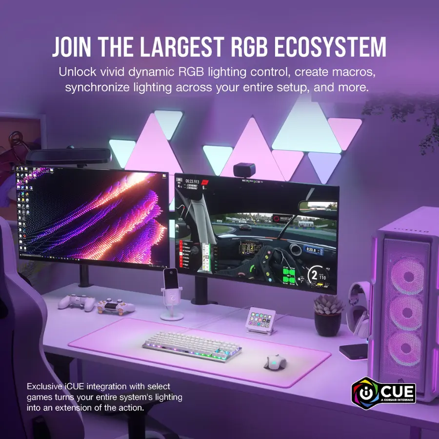 Join the largest RGB ecosystem. Unlock vivid dynamic RGB lighting control, create macros, synchronize lighting across your entire setup, and more. Exclusive iCUE integration with select games turns your entire system's lighting into an extension of the action.