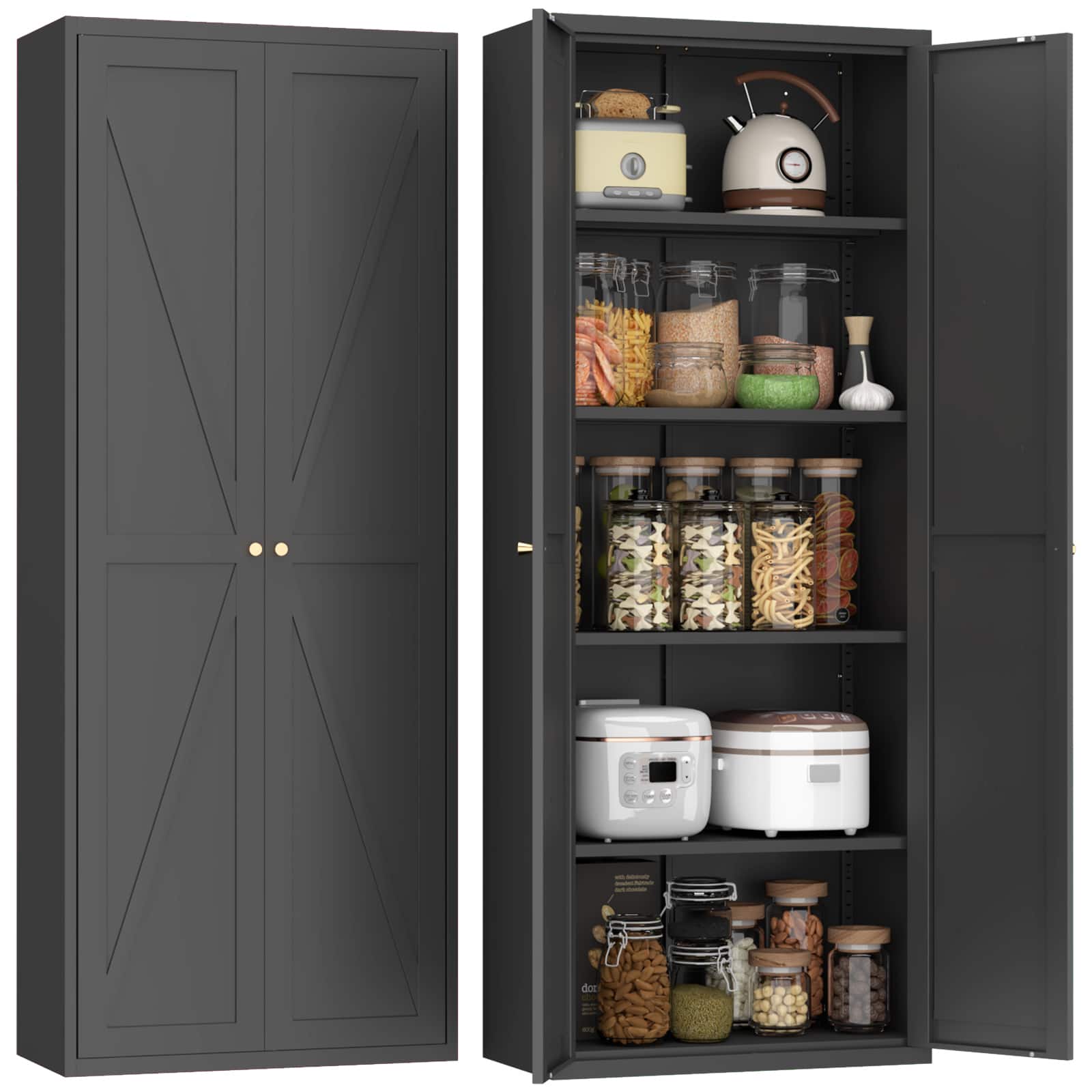 GOODSILO - Adjustable Two-Door Tall Steel Storage Cabinet with Adjustable Shelves for Kitchen Pantry and Home Organization - Black