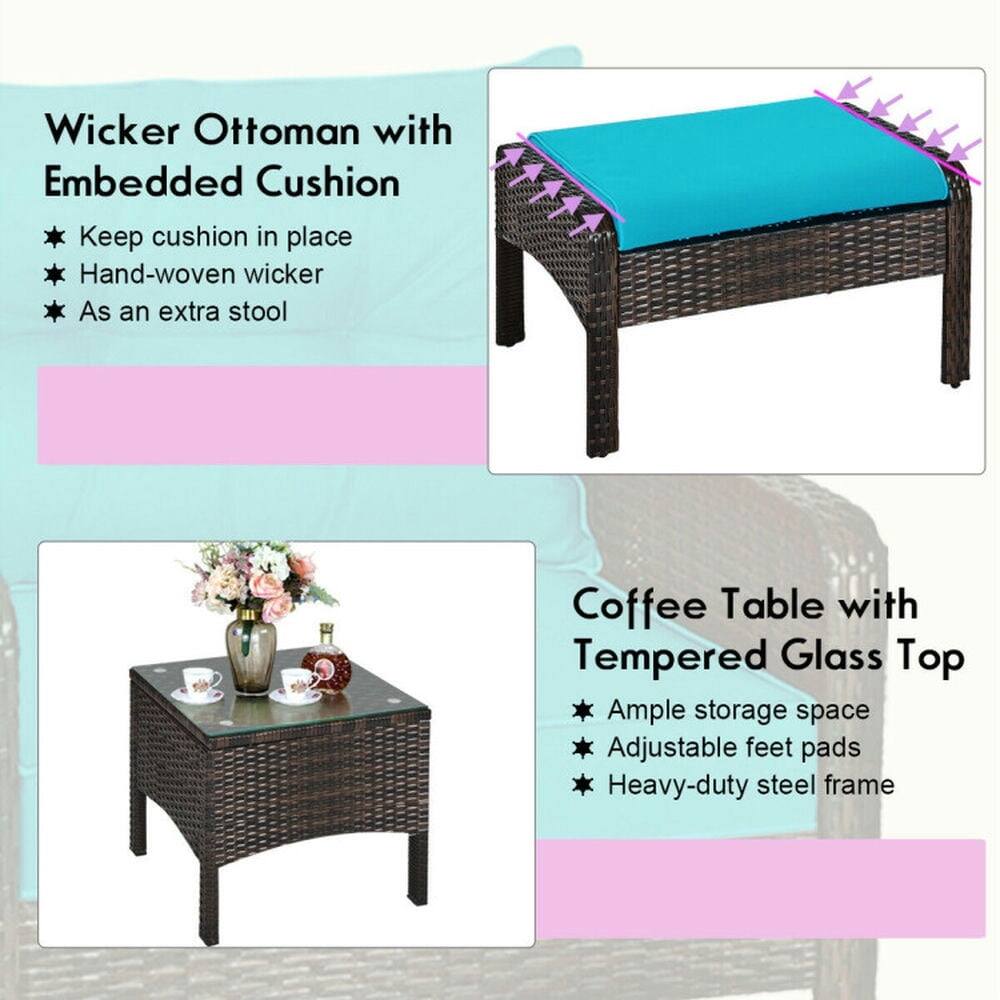 Wicker Ottoman with Embedded Cushion  
- Keep cushion in place  
- Hand-woven wicker  
- As an extra stool  

Coffee Table with Tempered Glass Top  
- Ample storage space  
- Adjustable feet pads  
- Heavy-duty steel frame