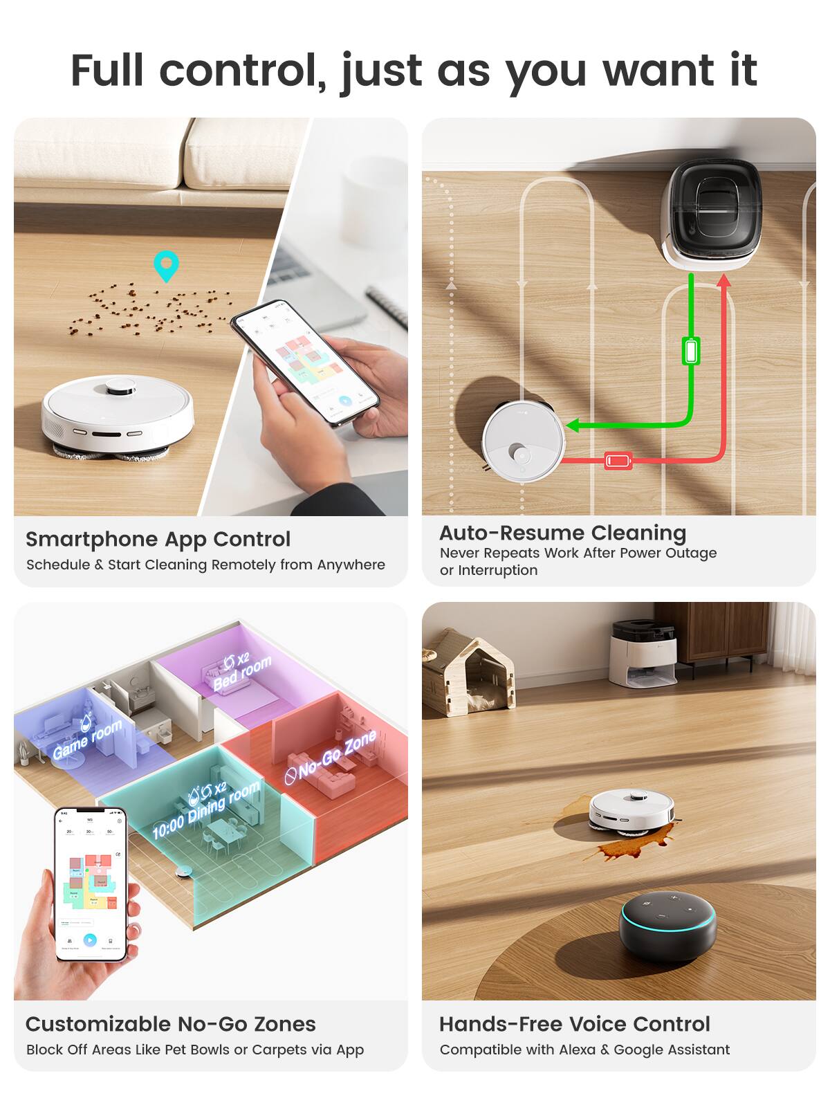 Full control, just as you want it

Smartphone App Control
Schedule & Start Cleaning Remotely from Anywhere

Auto-Resume Cleaning
Never Repeats Work After Power Outage or Interruption

Customizable No-Go Zones
Block Off Areas Like Pet Bowls or Carpets via App

Hands-Free Voice Control
Compatible with Alexa & Google Assistant