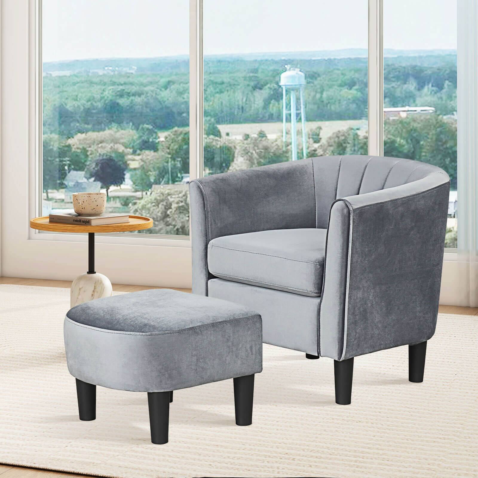Alt View 1. Costway - Costway Barrel Chair with Ottoman Footrest Curved Backrest Armrests Removable Seat Cushion - Gray.