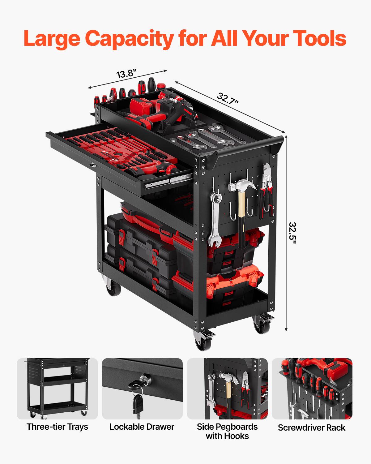 Large Capacity for All Your Tools

- 13.8"
- 32.7"
- 32.5"

Three-tier Trays
Lockable Drawer
Side Pegboards with Hooks
Screwdriver Rack