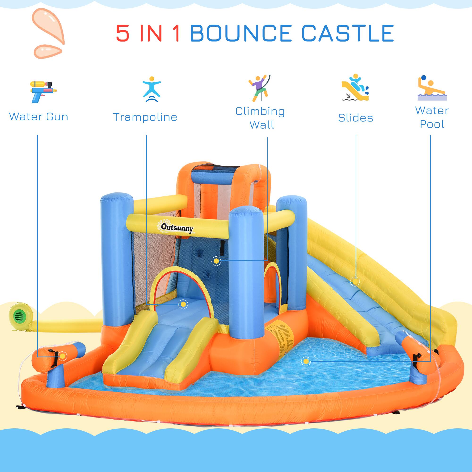 5 IN 1 BOUNCE CASTLE

Water Gun
Trampoline
Climbing Wall
Slides
Water Pool

Outsunny