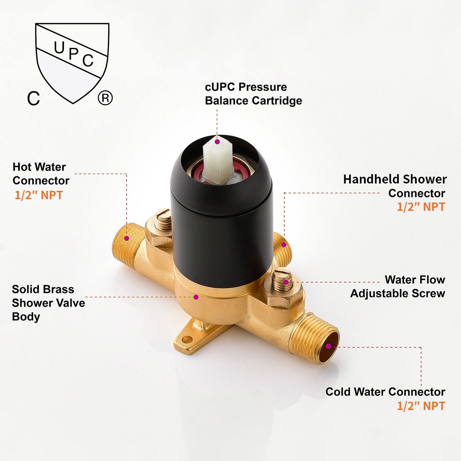 UPC Pressure Balance Cartridge Hot Water Connector 1/2" NPT Handheld Shower Connector 1/2" NPT Solid Brass Shower Valve Body Water Flow Adjustable Screw Cold Water Connector 1/2" NPT