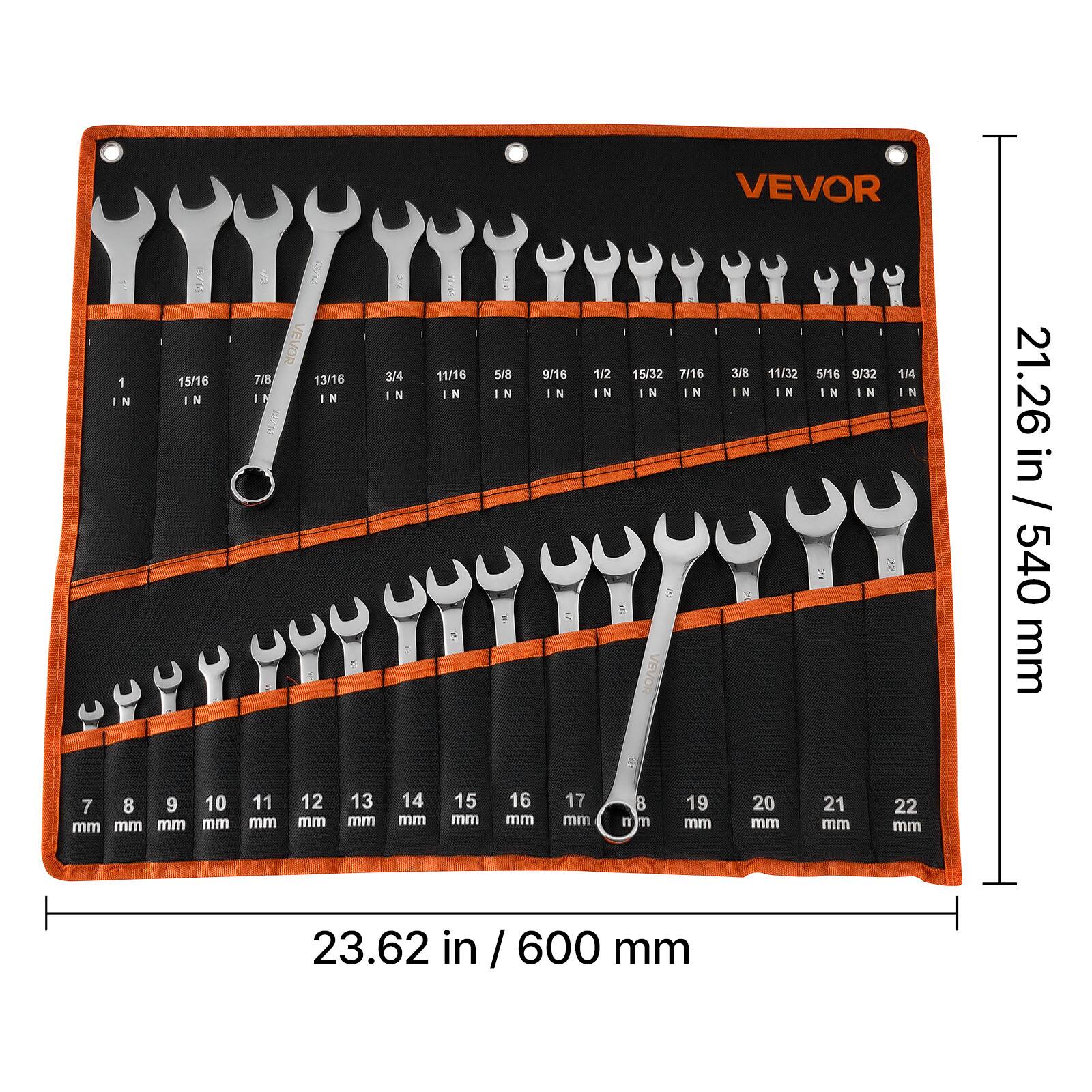 VEVOR

1/4 IN  
5/16 IN  
3/8 IN  
7/16 IN  
1/2 IN  
9/16 IN  
5/8 IN  
11/16 IN  
3/4 IN  
15/16 IN  
7/8 IN  
13/16 IN  

7 mm  
8 mm  
9 mm  
10 mm  
11 mm  
12 mm  
13 mm  
14 mm  
15 mm  
16 mm  
17 mm  
18 mm  
19 mm  
20 mm  
21 mm  
22 mm  

21.26 in / 540 mm  
23.62 in / 600 mm