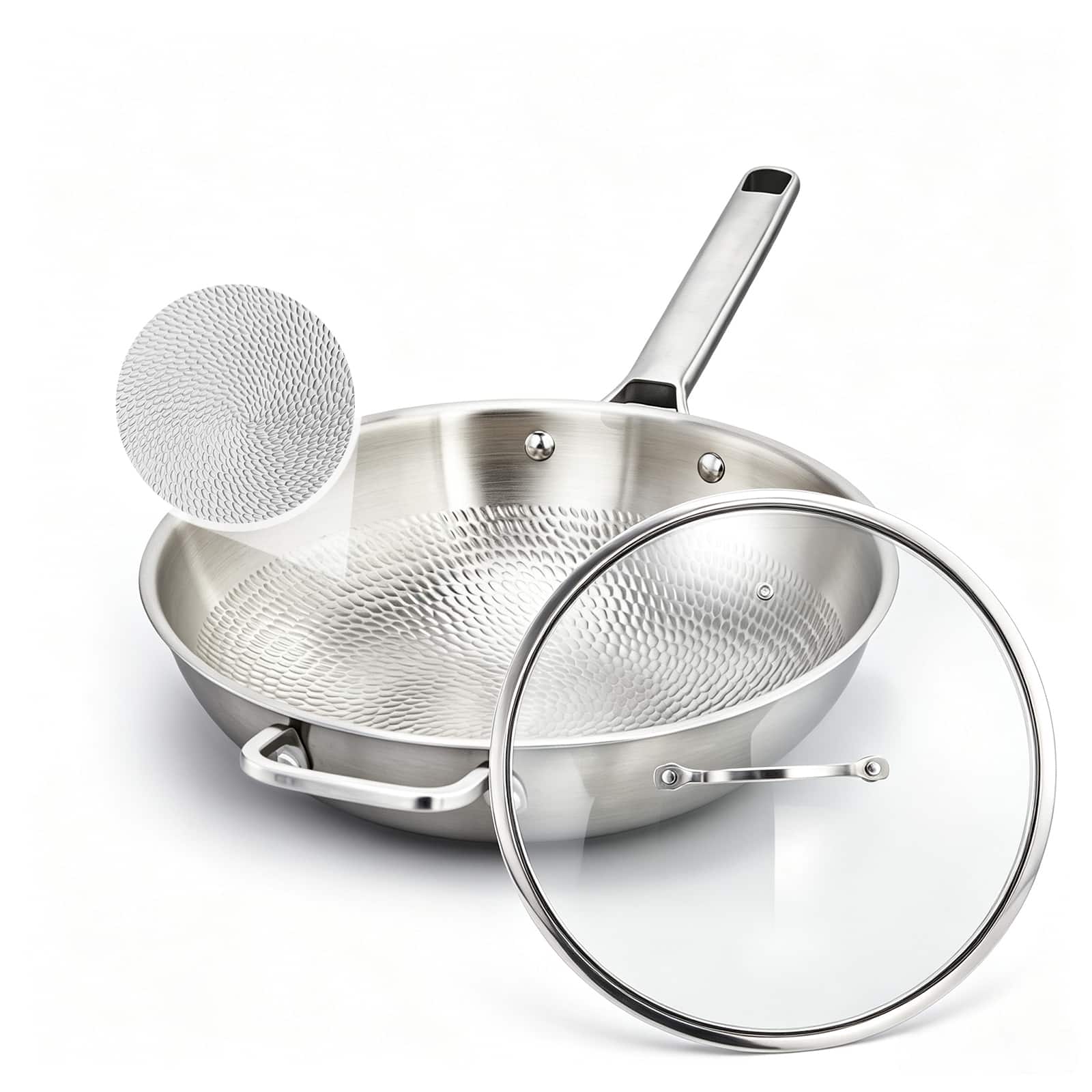 Winado - 12 Inch Pure Titanium Frying Pan with Hammered Surface and Glass Lid for Stir Frying, Deep Frying, and Healthy Cooking - Silver