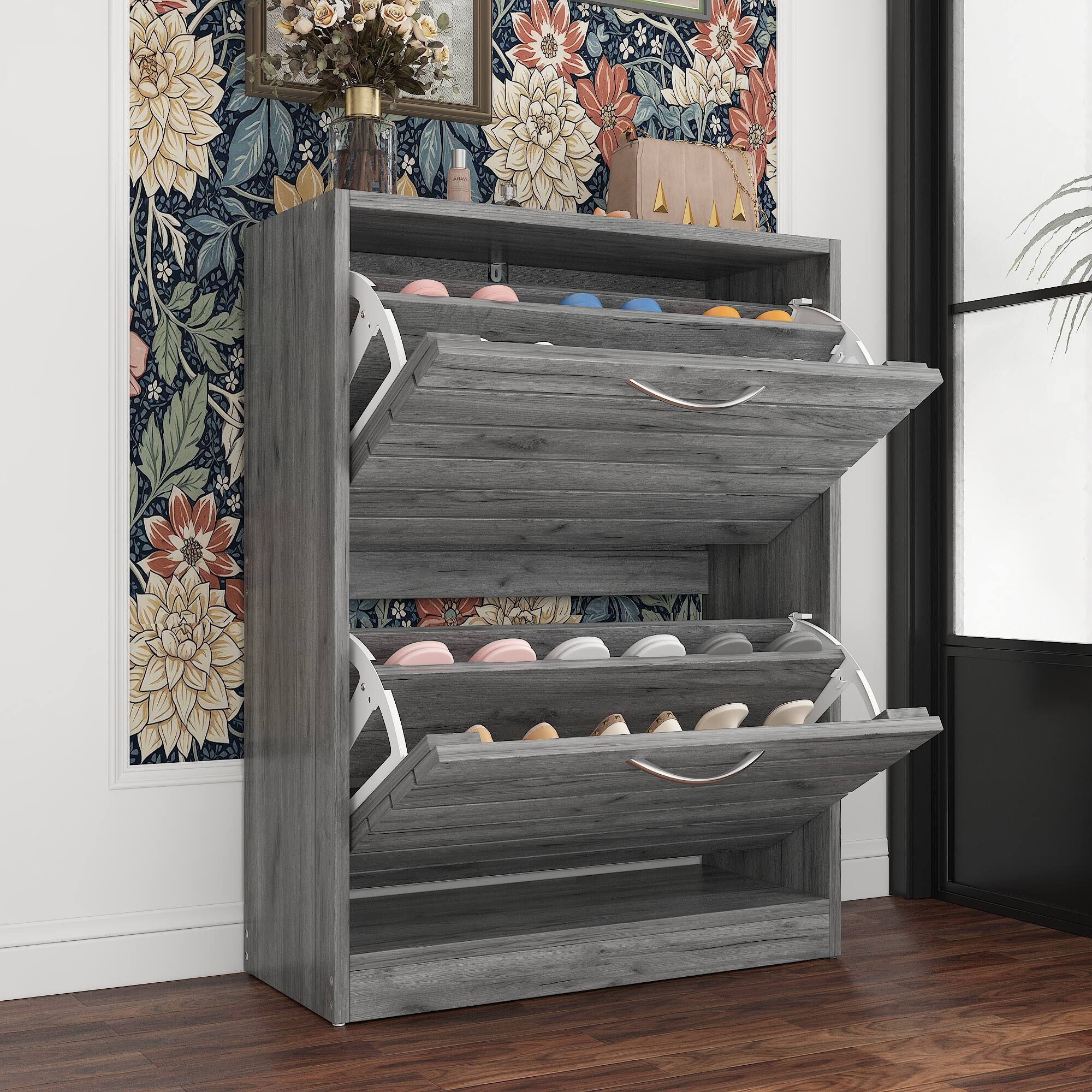 Alt View 2. Famapy - Famapy Flip - Down Desigh Shoe Racks Rustic Charm, Smart Storage Shoe Cabinet - Gray.