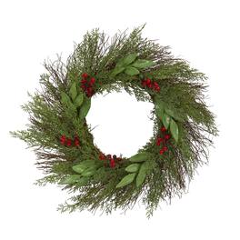 BreeBe - 20" Cedar and Ruscus with Berries Artificial Wreath - Green