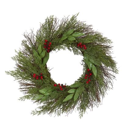 Front. BreeBe - 20" Cedar and Ruscus with Berries Artificial Wreath - Green.