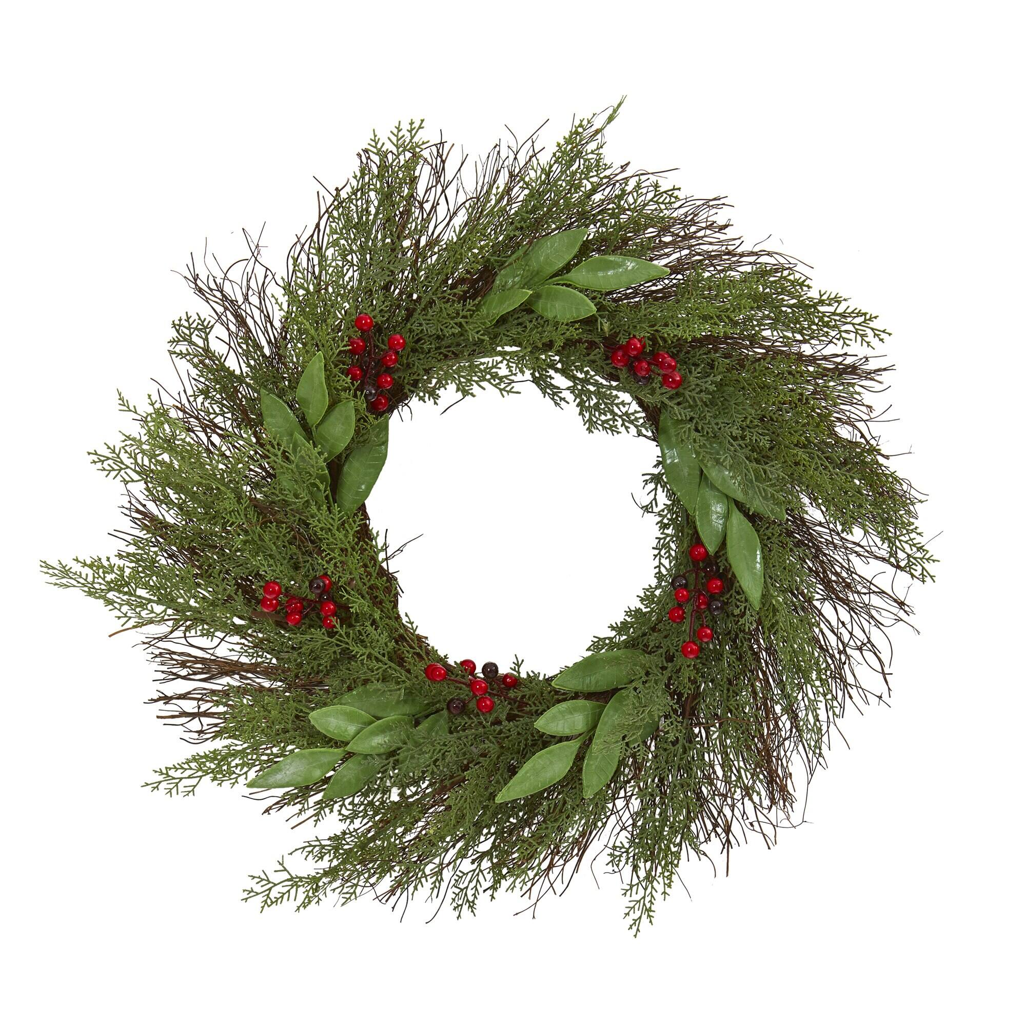 Front. BreeBe - 20" Cedar and Ruscus with Berries Artificial Wreath - Green.