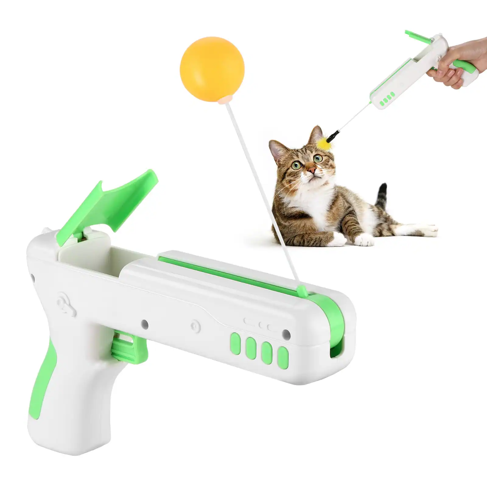 Ownpets - Interactive Cat Toy Gun Cat Stick Toy with Ball & Feather - Green