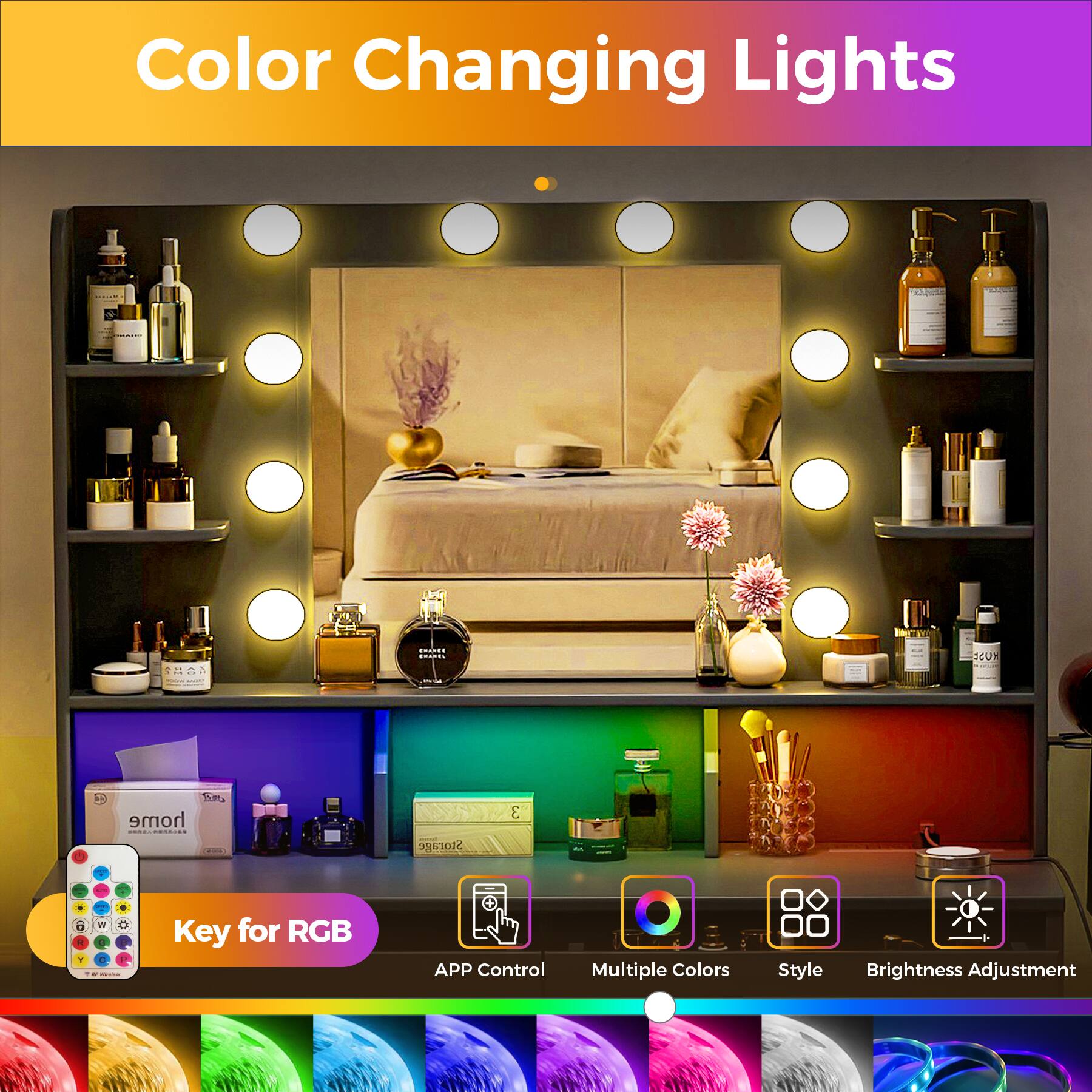 Color Changing Lights

- Key for RGB
- APP Control
- Multiple Colors
- Style
- Brightness Adjustment
