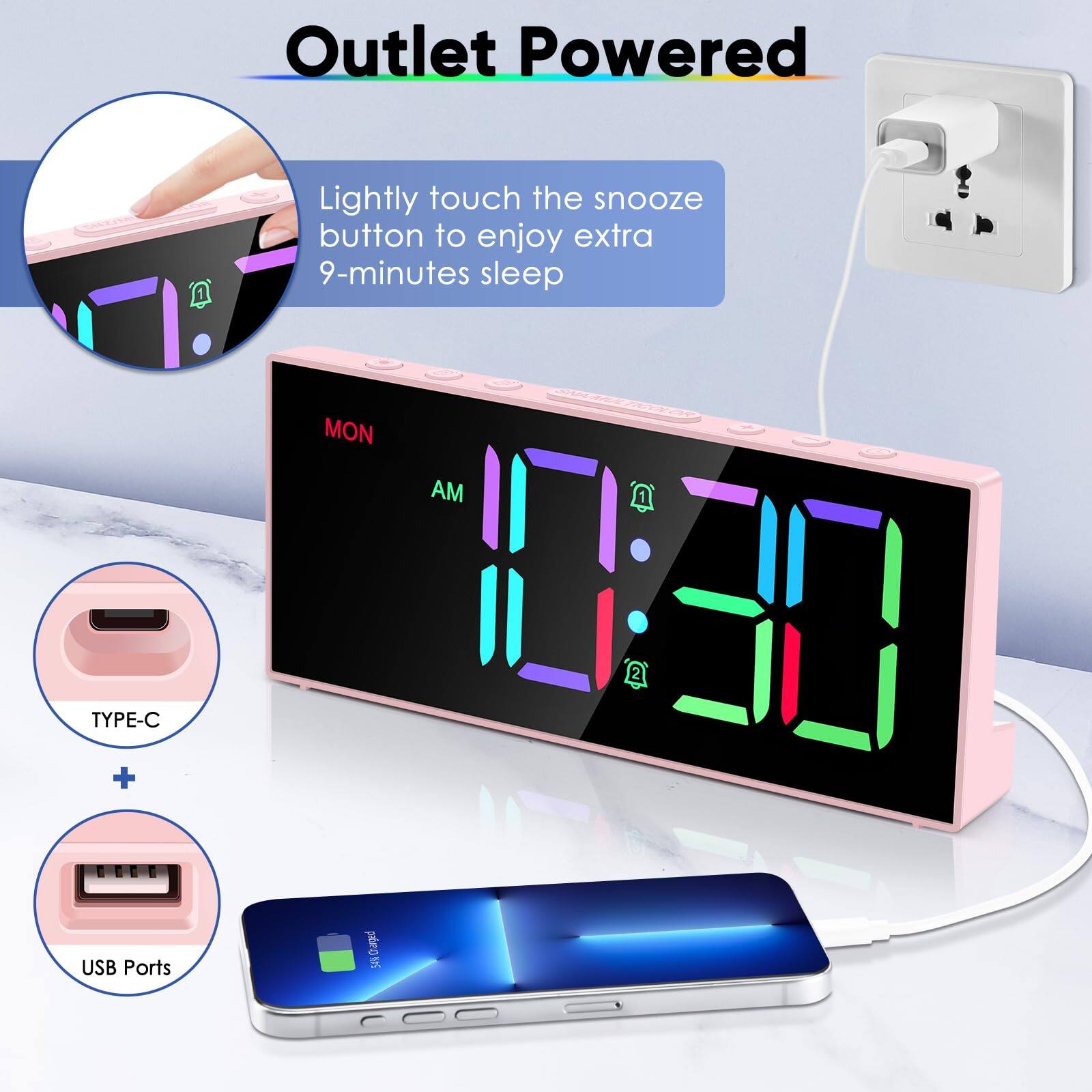 Outlet Powered

Lightly touch the snooze button to enjoy extra 9-minutes sleep

TYPE-C + USB Ports