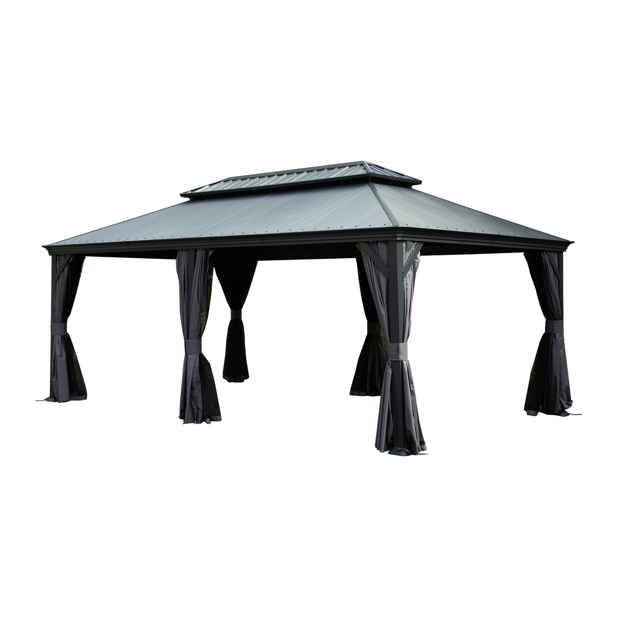 Angle. Mondawe - 12x20 Metal Gazebo With Resin Roof ,Curtains and Mosquito Netting Included - Dark Gray.