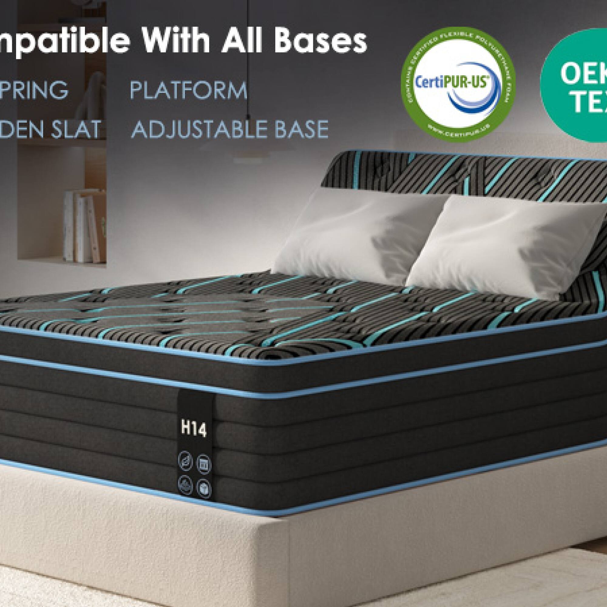 FLCUBLE Compatible With All Bases  
CERTIFIED CertiPUR-US  
POLYURETHANE SPRING PLATFORM CONTAINS NYLON SLAT ADJUSTABLE BASE  
WWW.CERTIPUR.US  
OEKOTEX  

H14