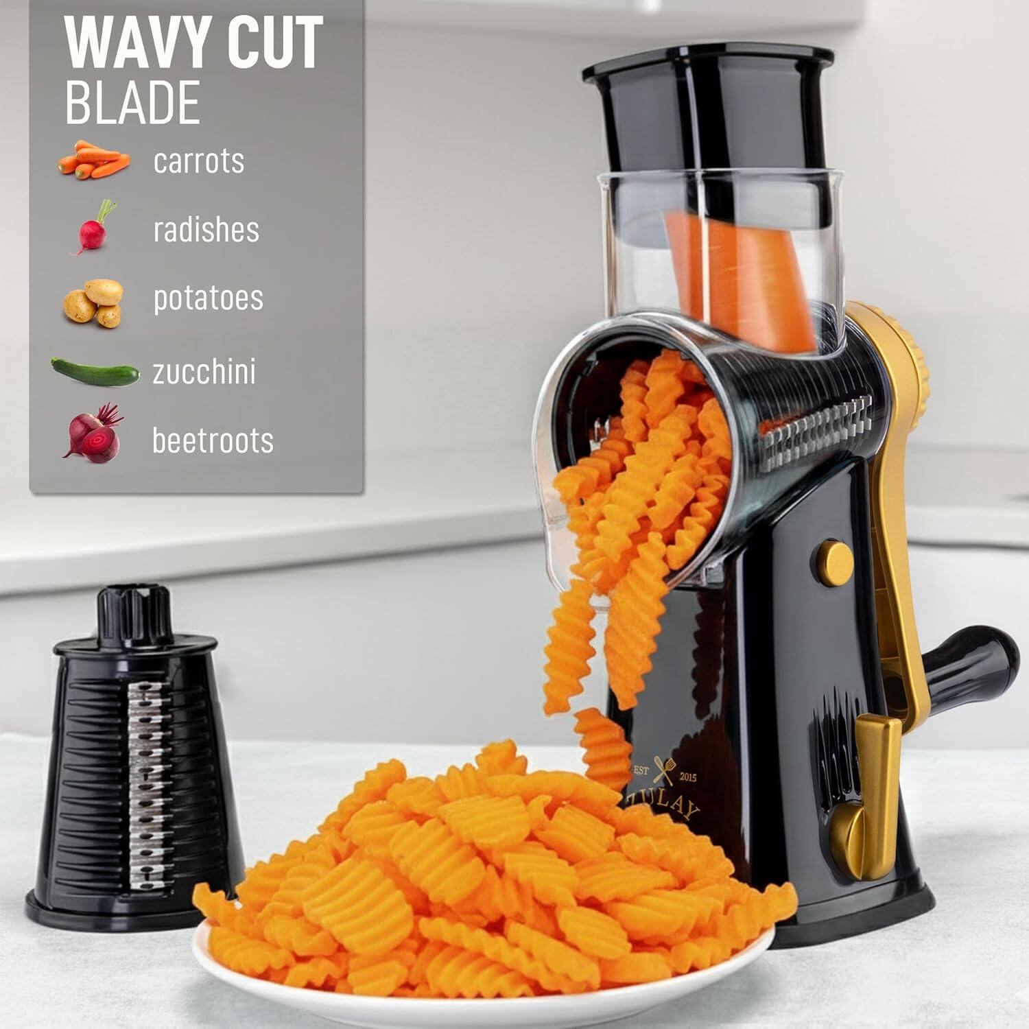 WAVY CUT BLADE

carrots  
radishes  
potatoes  
zucchini  
beetroots  

EST 2015  
LAY