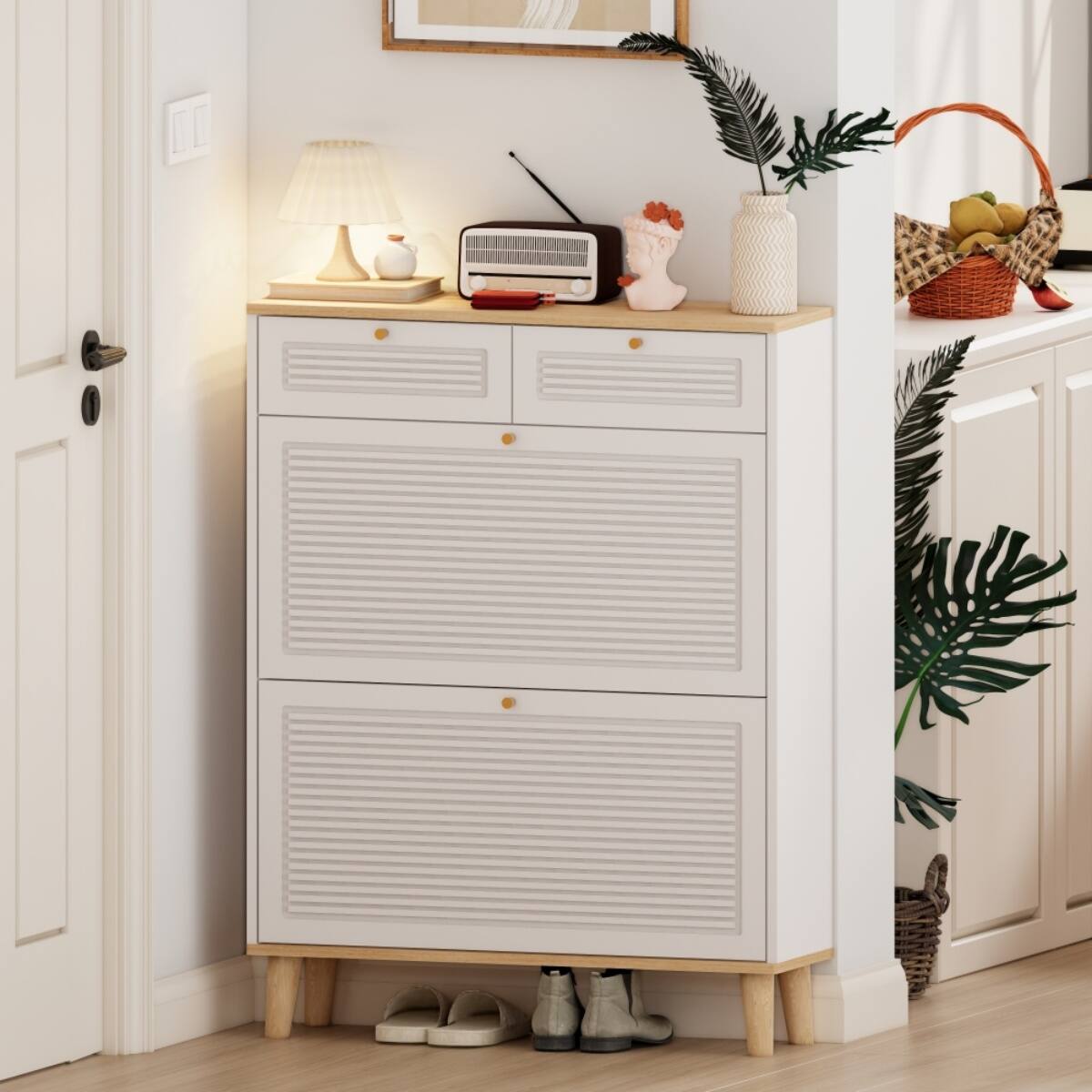 Alt View 2. Halitaa - Shoe Cabinet with 2 Flip-Up Doors & 2 Drawers - Modern Freestanding Shoe Organizer for Entryway Hallway & Apartments - White.