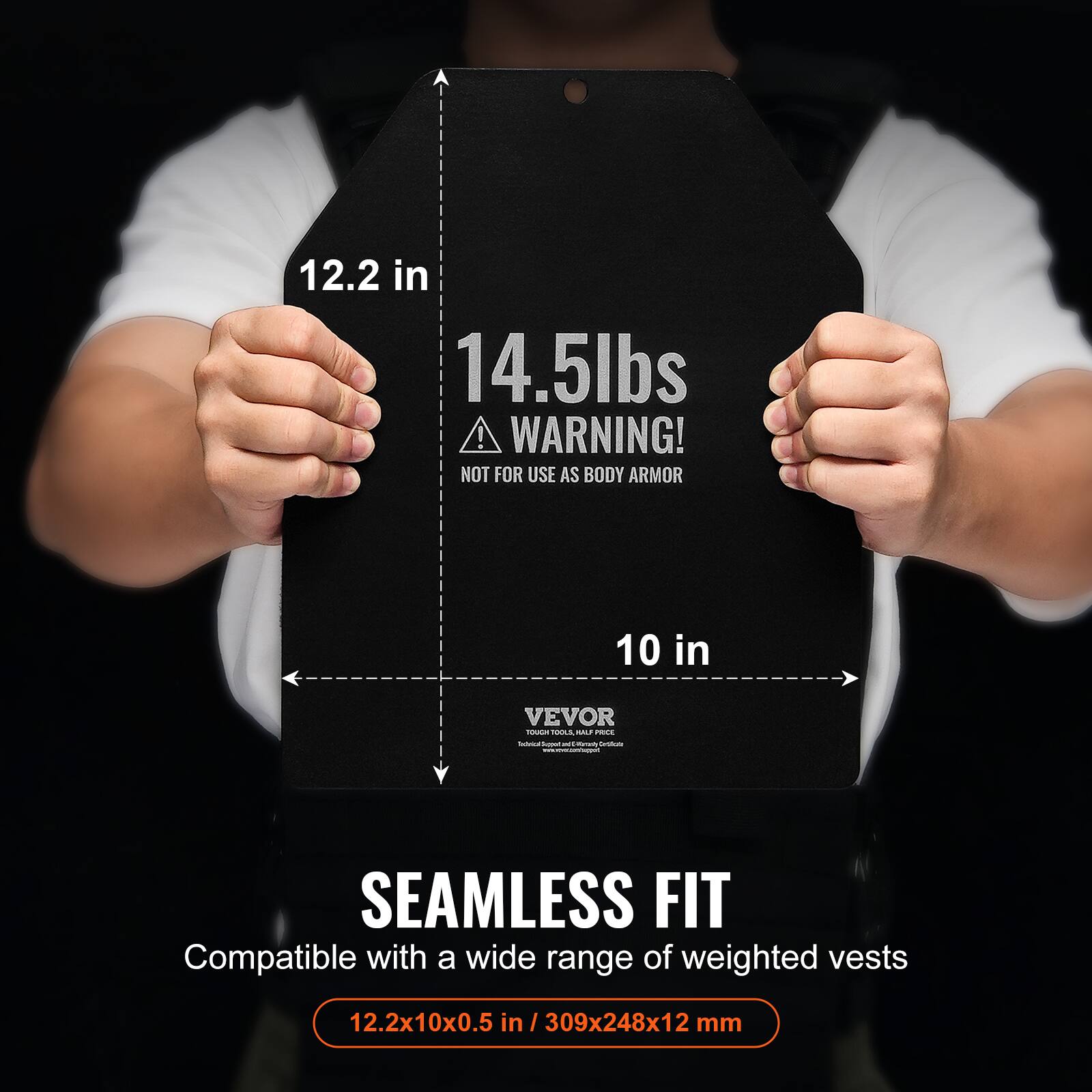 12.2 in, 14.5lbs ! WARNING! NOT FOR USE AS BODY ARMOR, 10 in, VEVOR, SEAMLESS FIT, Compatible with a wide range of weighted vests, 12.2x10x0.5 in / 309x248x12 mm