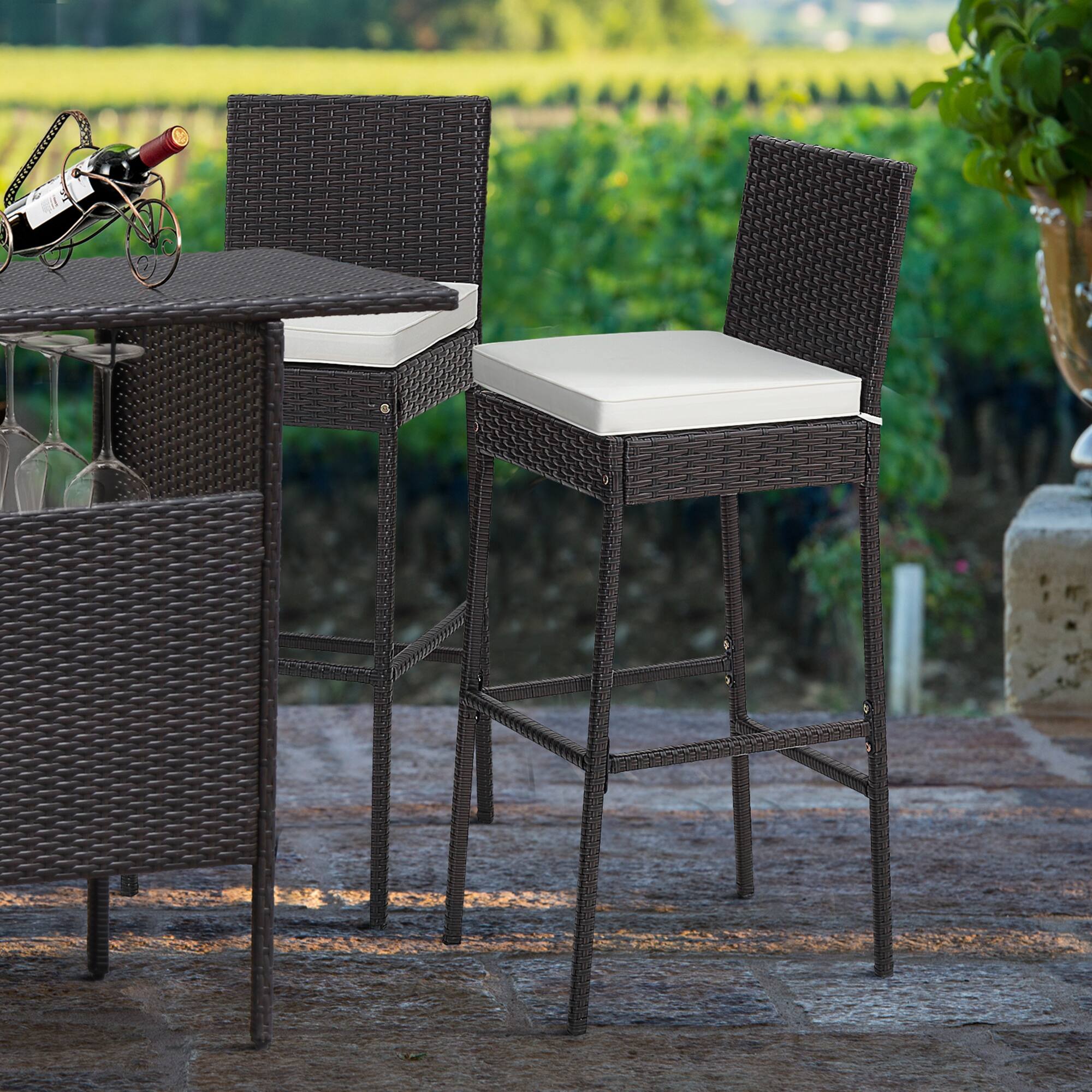 Alt View 3. Costway - Costway 4 PCS Patio Wicker Barstools Bar Height Chairs with Cushions Backyard - Brown,Off White.
