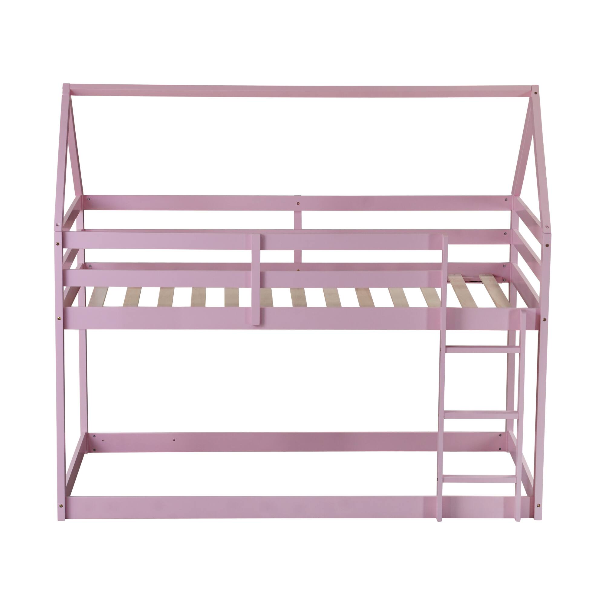 Alt View 1. GOODSILO - House-Shaped Twin Over Twin Rubber Wood Bunk Bed with Ladder and Guardrails for Kids - Pink.