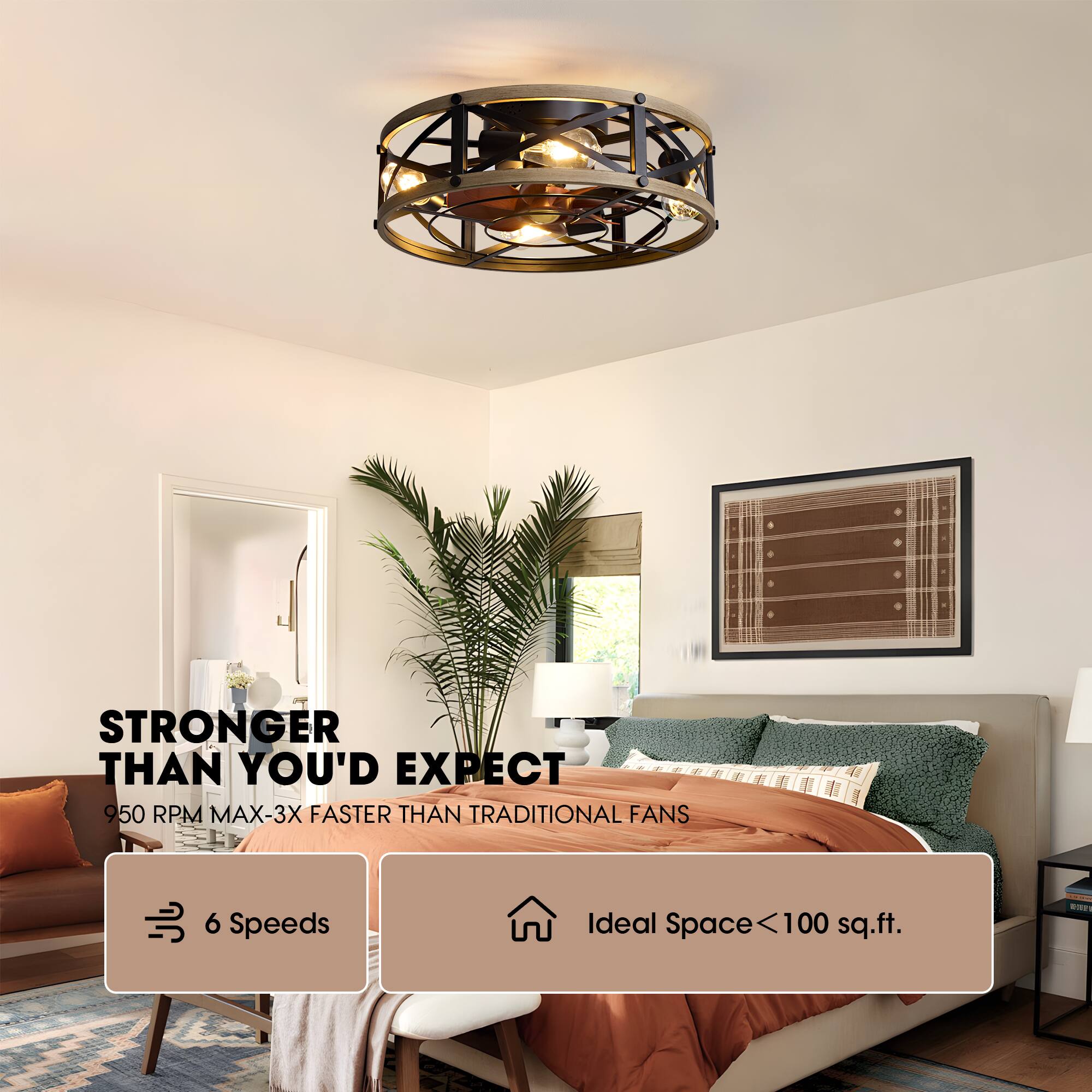 STRONGER THAN YOU'D EXPECT  
950 RPM MAX - 3X FASTER THAN TRADITIONAL FANS  
6 Speeds  
Ideal Space < 100 sq.ft.