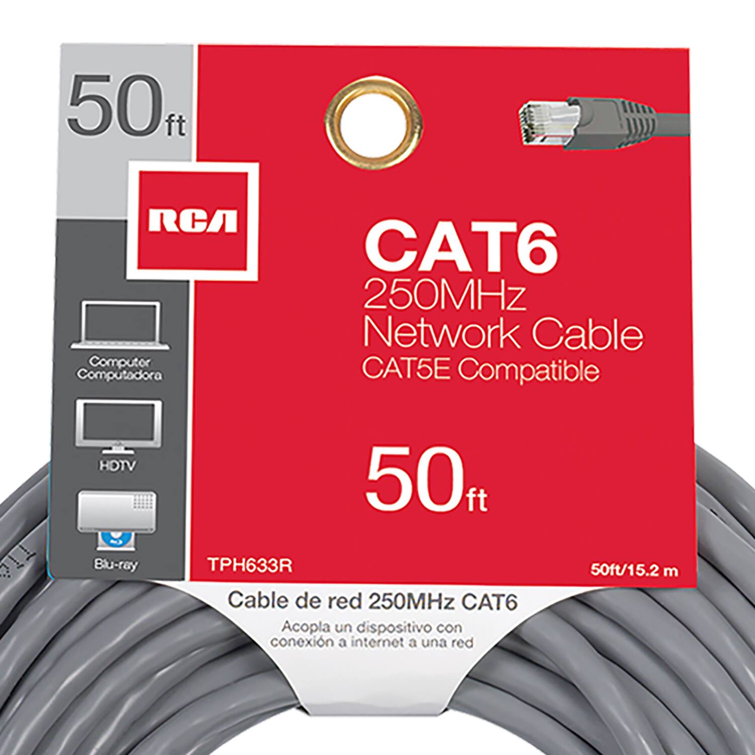 50 ft  
RCA  
CAT6  
250MHz Network Cable  
CAT5E Compatible  
50 ft/15.2 m  
TPH633R  
Cable de red 250MHz CAT6  
Acopla un dispositivo con conexión a internet a una red  

Computer Computadora  
HDTV  
Blu-ray