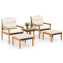 Costway - 5 PCS Rattan Furniture Set Wood Frame Chairs & Ottomans with Square Coffee Table - Gray