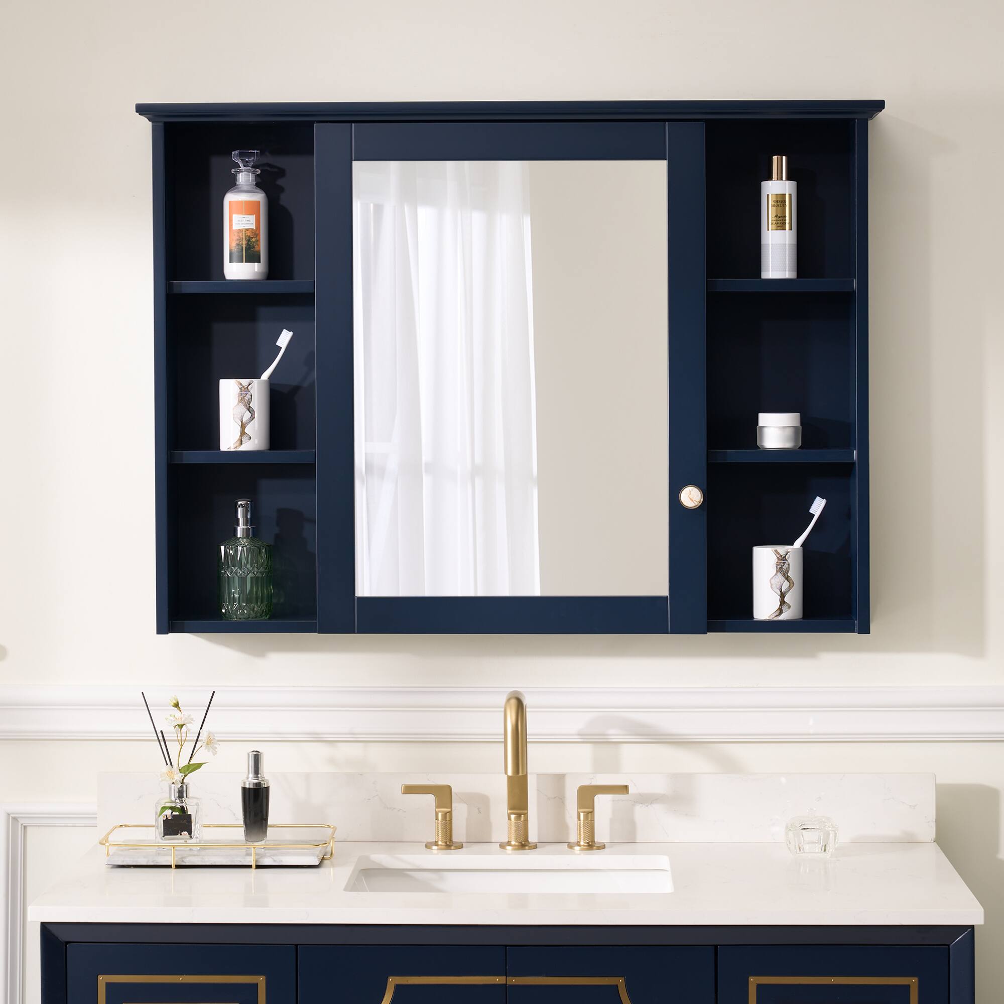 WELLFOR - 42 in. W x 30 in. H Rectangular Solid Wood Frame Surface Mount Medicine Cabinet with Mirror and Soft Close Door - Navy Blue price history on PriceWatchPro