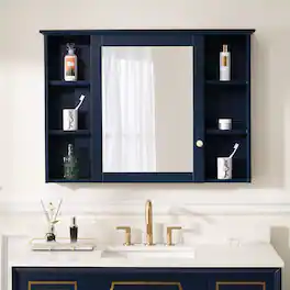 WELLFOR - 42 in. W x 30 in. H Rectangular Solid Wood Frame Surface Mount Medicine Cabinet with Mirror and Soft Close Door - Navy Blue