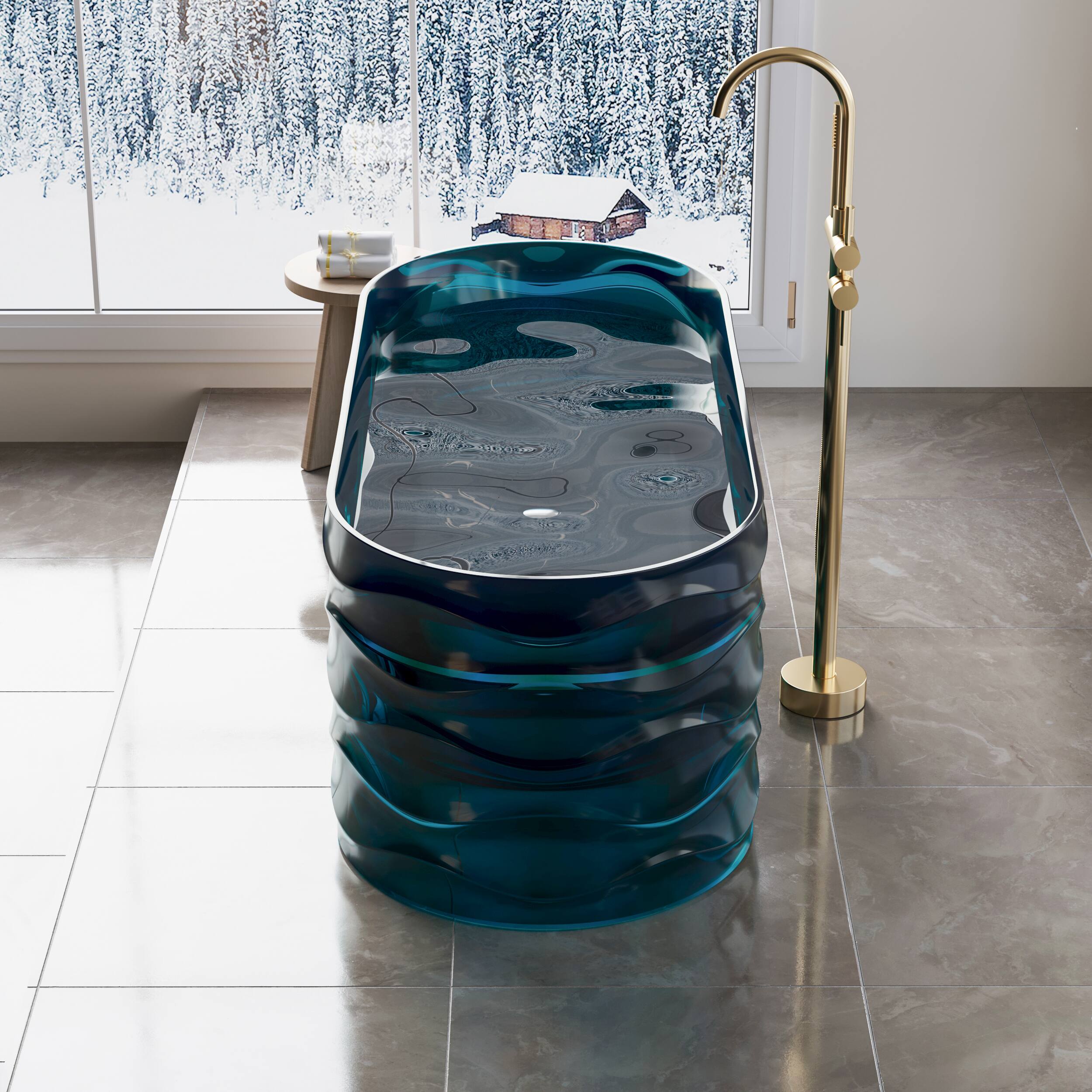 Angle. WELLFOR - OLA 62 in x 27 in Resin Solid Surface Flatbottom Freestanding Soaking Bathtub with Center Drain - Flowing Blue.