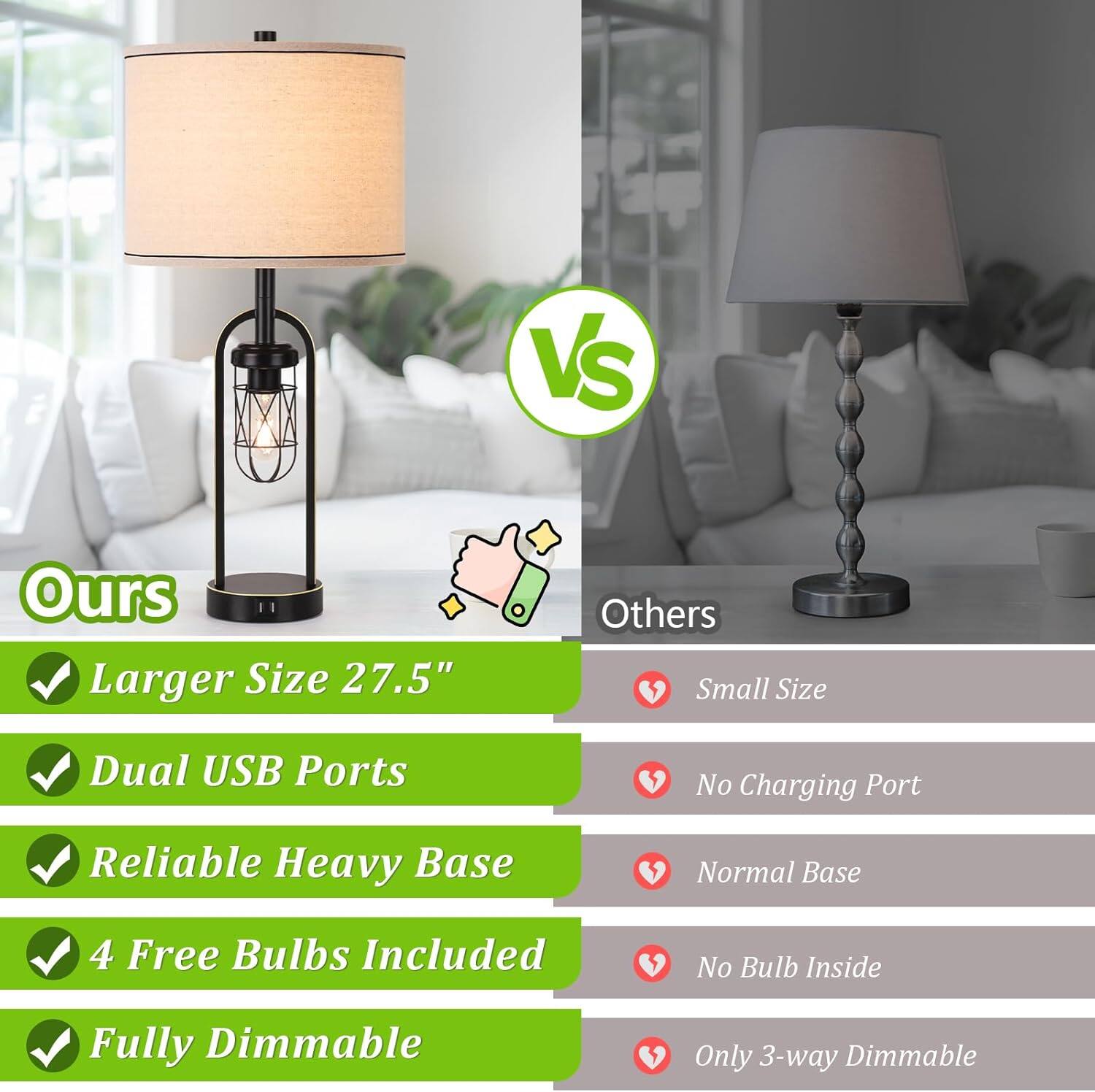 **Ours**

- Larger Size 27.5"
- Dual USB Ports
- Reliable Heavy Base
- 4 Free Bulbs Included
- Fully Dimmable

**Others**

- Small Size
- No Charging Port
- Normal Base
- No Bulb Inside
- Only 3-way Dimmable