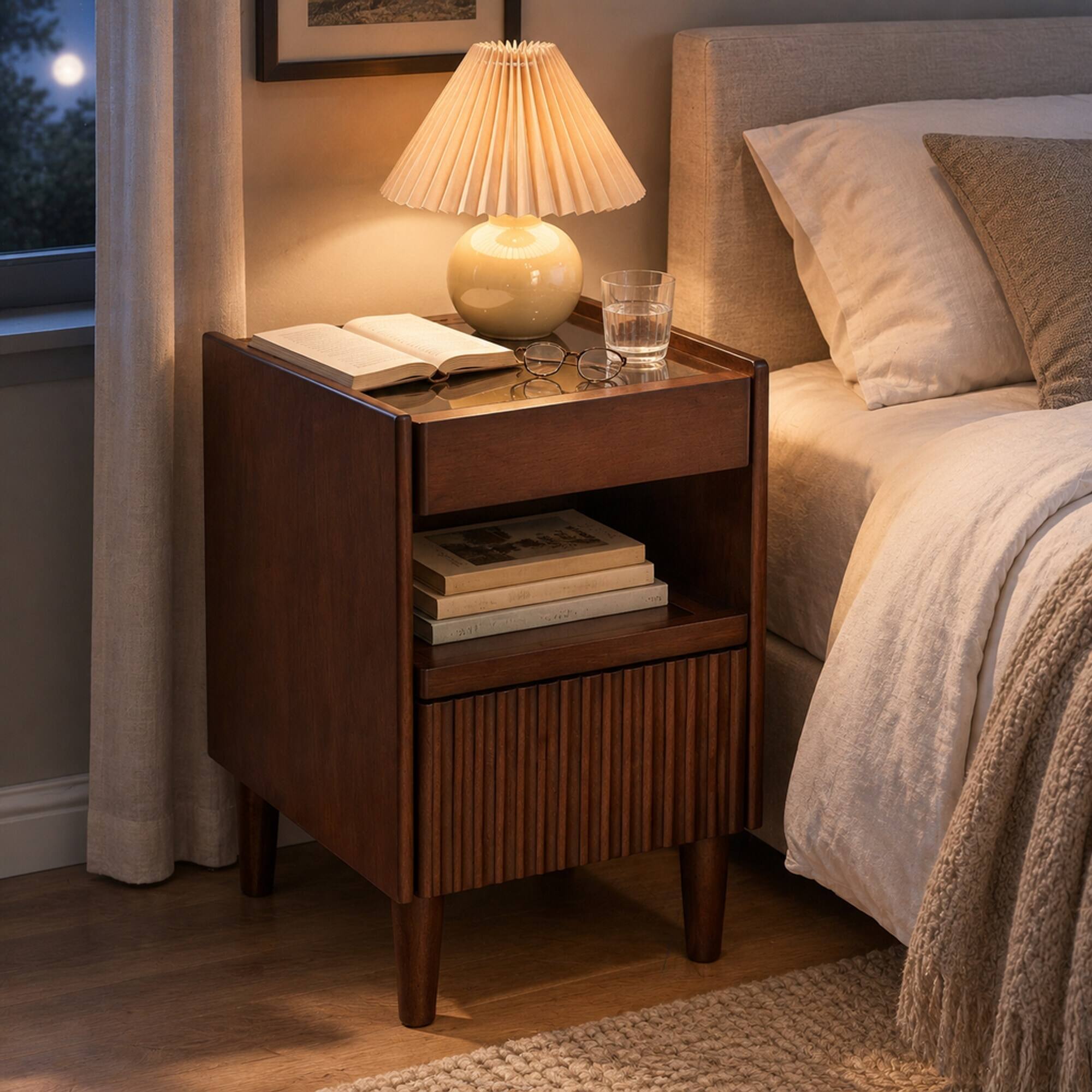 Back. RYHNUYNE - Wooden Bedside Table, 1 Drawer, Open Shelves, Solid Rubber Wood, Narrow Nightstand - Walnut.