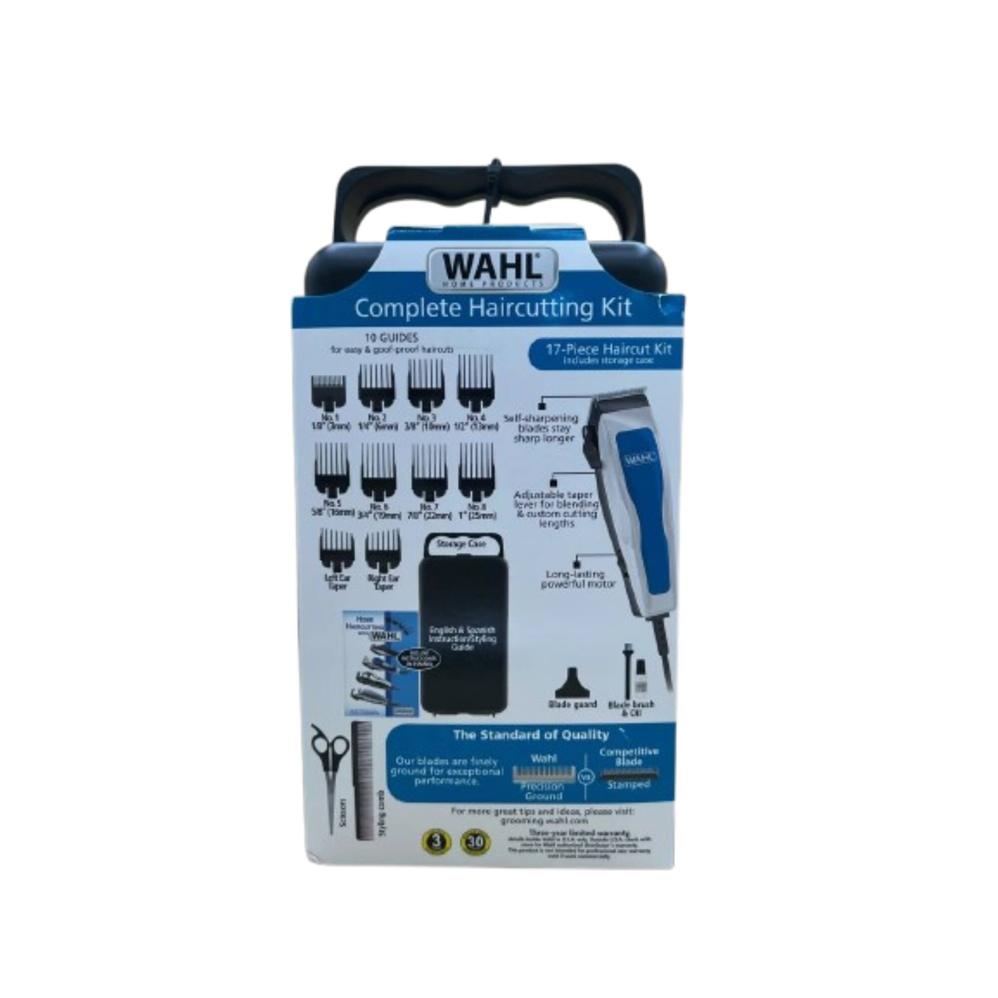WAHL Complete Haircutting Kit  
17-Piece Haircut Kit including storage case  

- 10 Guides for easy & good proof haircutting
- Self-sharpening blades stay sharp longer
- Adjustable taper lever for blending & lengths
- Long-lasting powerful motor
- Blade guard
- Blade brush
- Storage case

The Standard of Quality  
Our blades are finely ground for exceptional performance  
Stamped Ground For Competitive Blades

WAHL  
The Standard of Quality