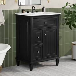 Whisen - 24" Bathroom Vanity with Sink, Solid Wood & MDF Cabinet, Flip Drawer & 2 Drawers, Freestanding - Black