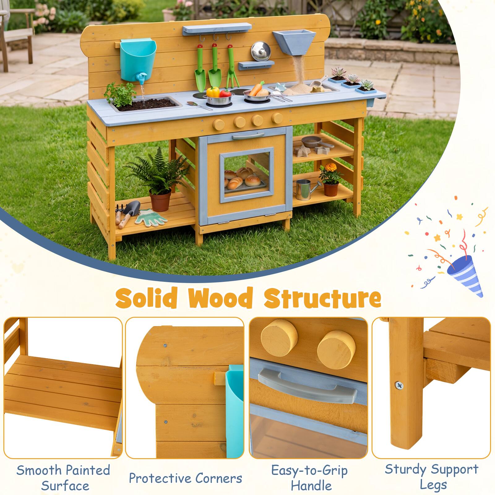 Solid Wood Structure  
Smooth Painted Surface  
Easy-to-Grip Handle  
Protective Corners  
Sturdy Support Legs