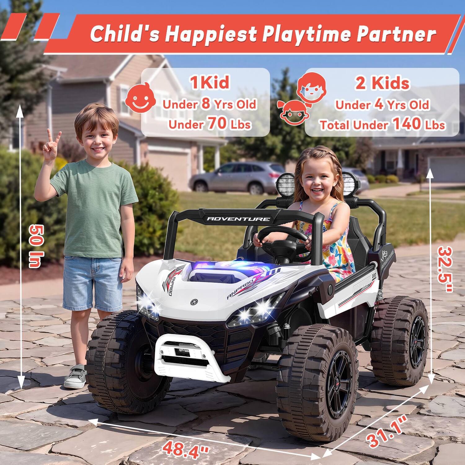 Child's Happiest Playtime Partner

1 Kid Under 8 Yrs Old Under 70 Lbs

2 Kids Under 4 Yrs Old Total Under 140 Lbs

50 In

ANPROO

ROVENTURE 0 ANPABOXIII

32.5"

48.4"

31.1"