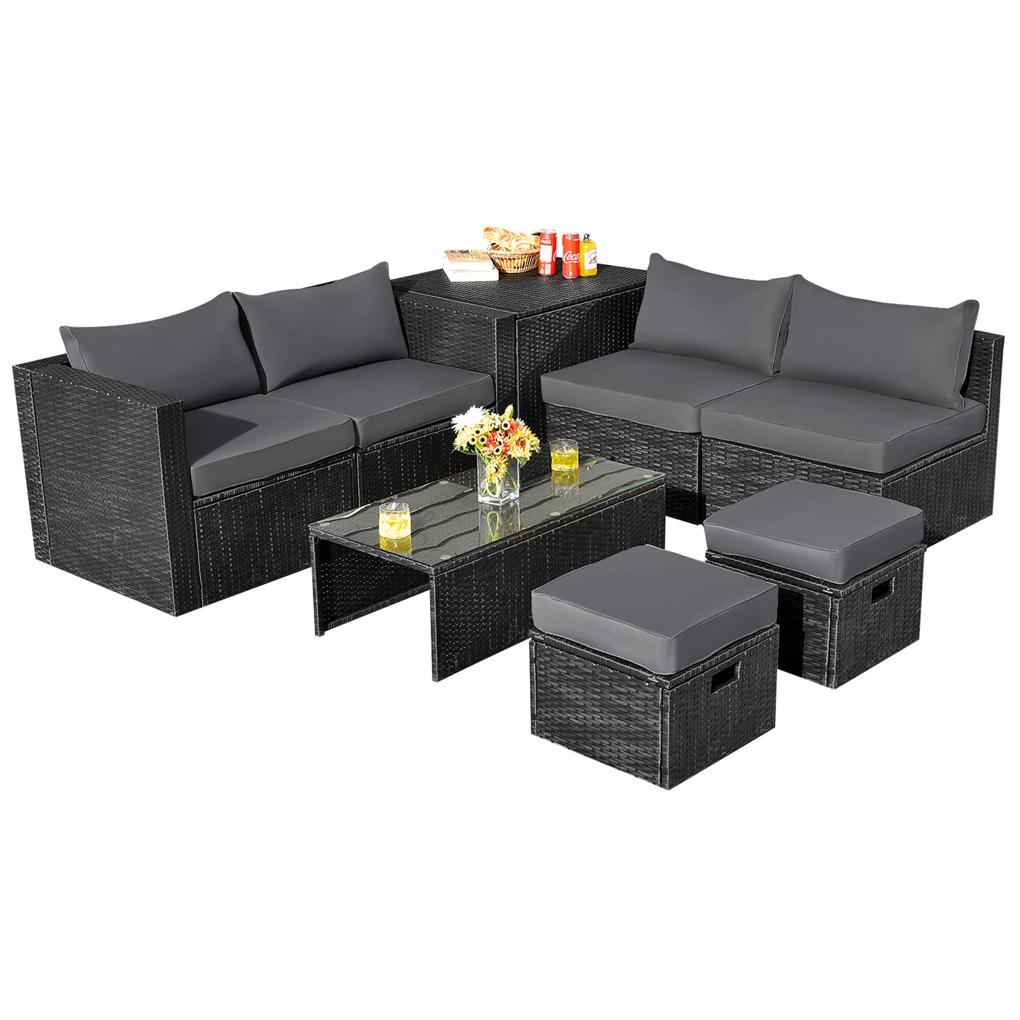 Front. Gymax - Gymax 8PCS Rattan Patio Sectional Furniture Set w/ Waterproof Cover & Grey Cushions - Grey.