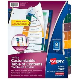 Avery - Ready Index Table of Contents Plastic Dividers, 1-8 Tabs, Multicolor - Translucent Multicolor