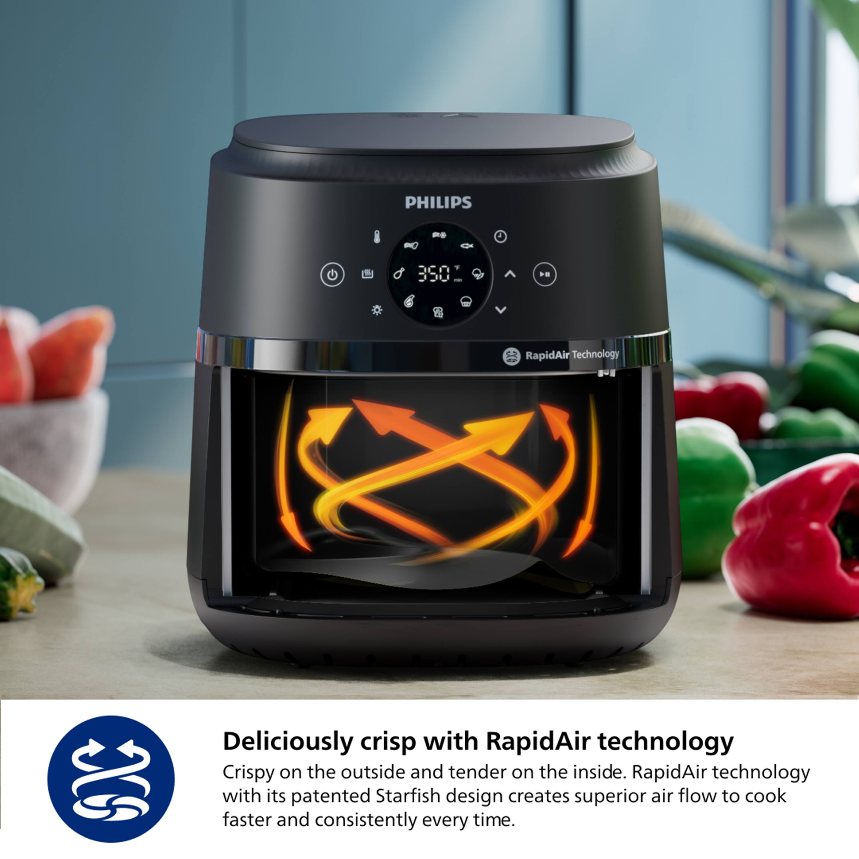 PHILIPS - aCA JJU

RapidAir Technology

Deliciously crisp with RapidAir technology. Crispy on the outside and tender on the inside. RapidAir technology with its patented Starfish design creates superior air flow to cook faster and consistently every time.