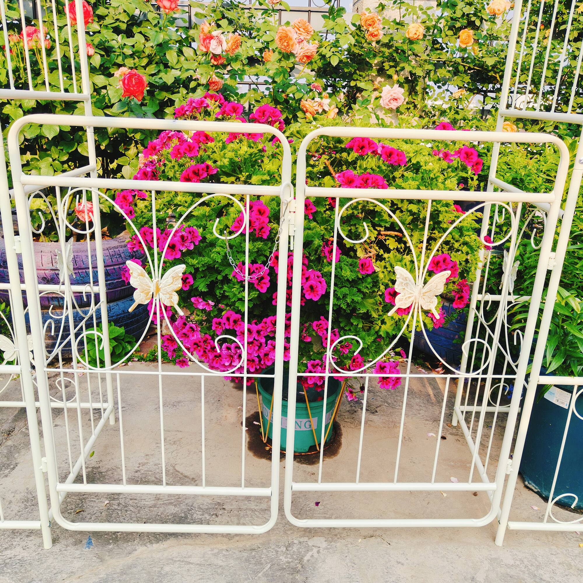 Alt View 1. Loheer - 6.63 ft W x 7.22 ft H Metal Garden Arch with Gate Rose Trellis for Outdoor Garden - Creamy White.