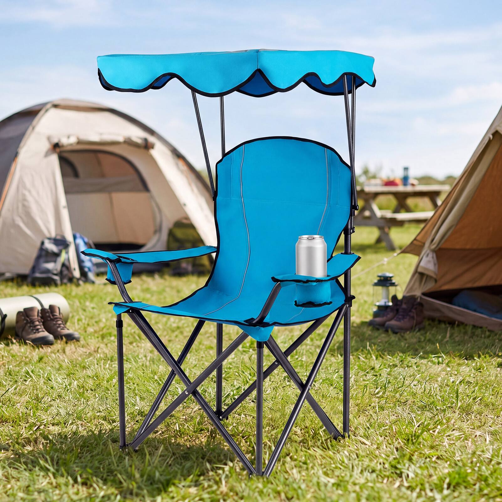 Alt View 1. Gymax - Gymax Folding Camping Chair w/Canopy Cup Holder Ergonomic Armrest Solid Steel Frame - Blue.