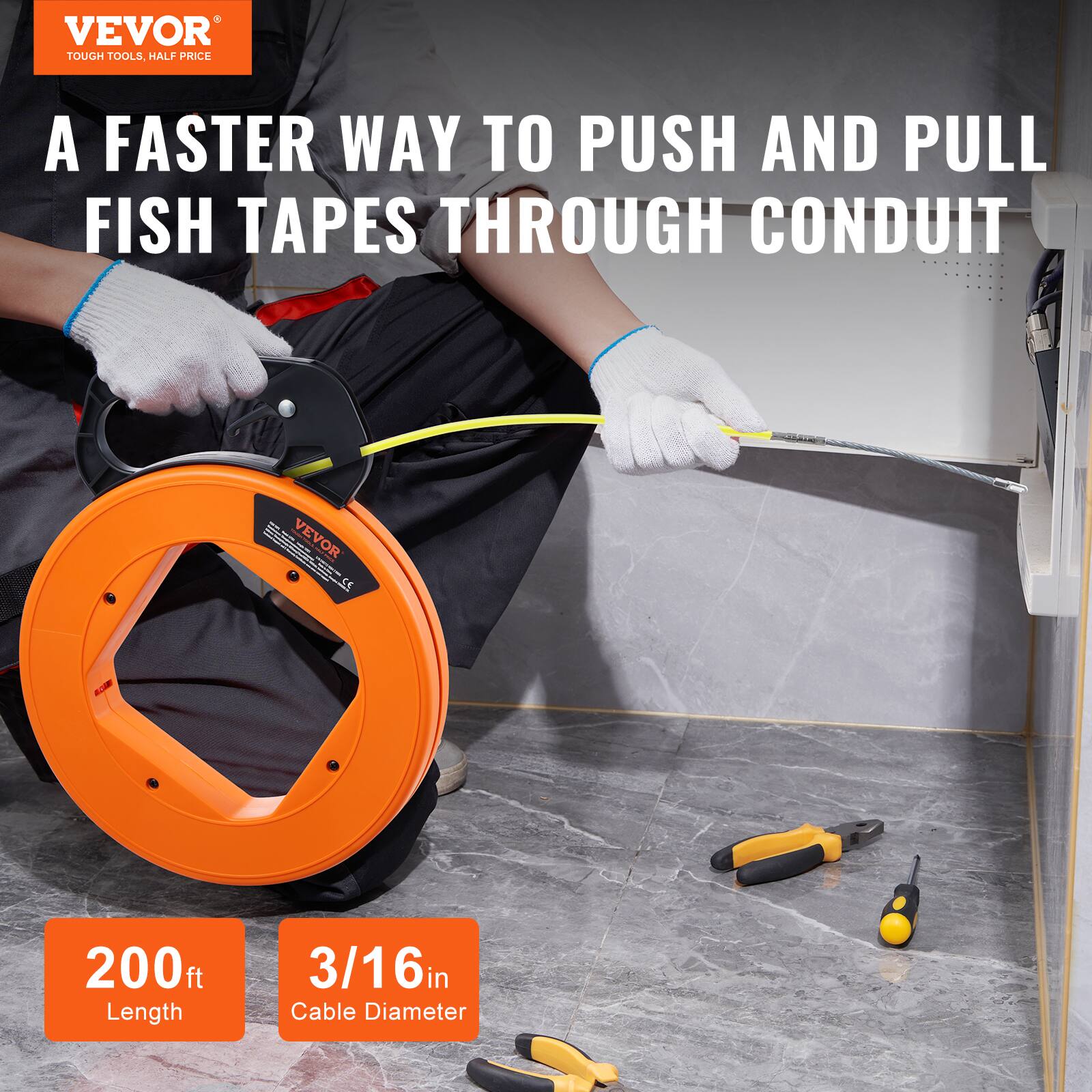 VEVOR  
TOUGH TOOLS, HALF PRICE  

A FASTER WAY TO PUSH AND PULL FISH TAPES THROUGH CONDUIT  

200 ft Length  
3/16 in Cable Diameter