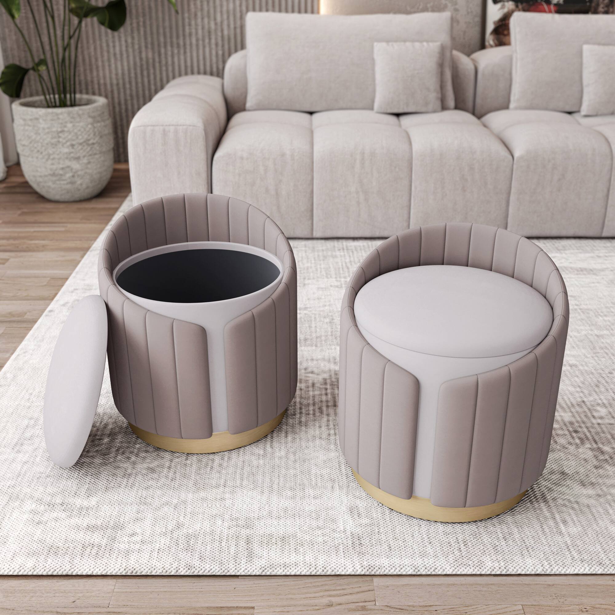 Front. GOODSILO - Elegant Two-Toned Storage Ottoman with Tufted Velvet Upholstery for Versatile Home Use - Taupe.