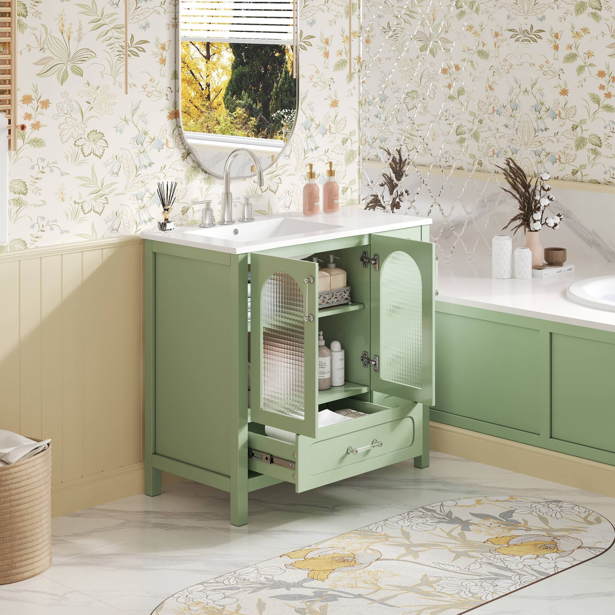 Alt View 8. Glintex - 36" Bathroom Vanity with Sink, Waffle Texture Doors, 4 Drawers, 2 Soft-Close Doors, Glass Storage Cabinet - Green.